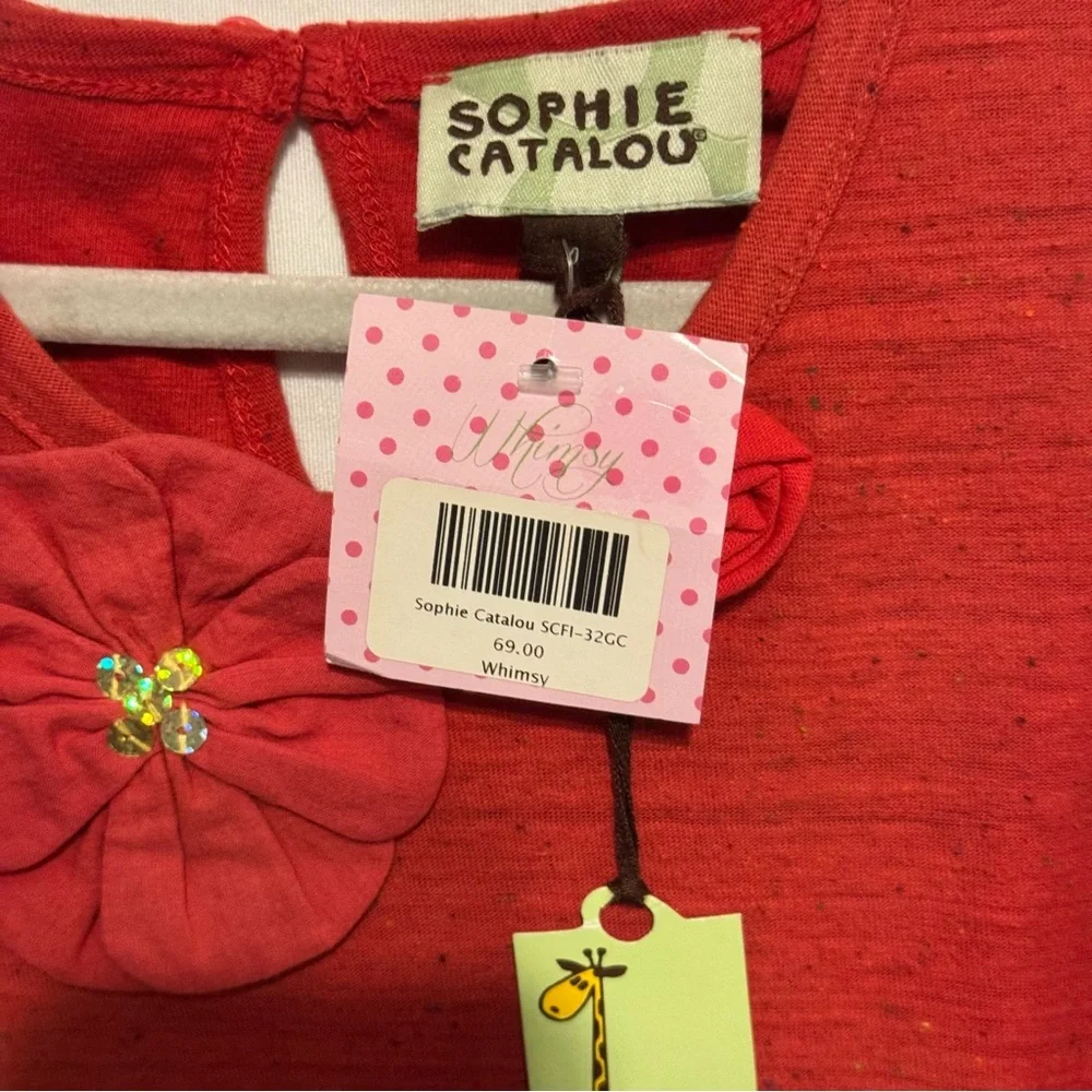 Sophie Catalou Dress Double Flounce Red L/S Floral Applique Metallic Ruffle 6